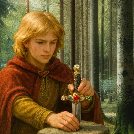 Gil pulls the jeweled dagger from the stone.